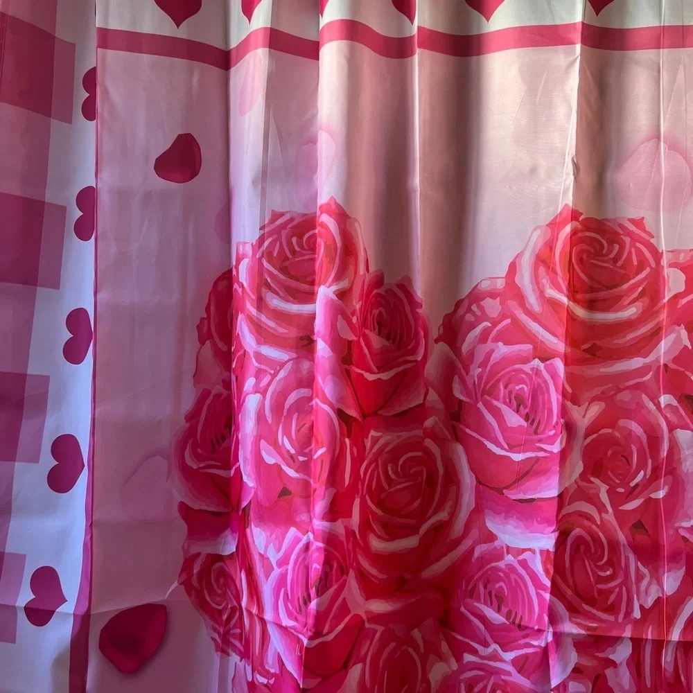 Pink Hearts and Roses Shower Curtain with Hooks Valentines Day Long